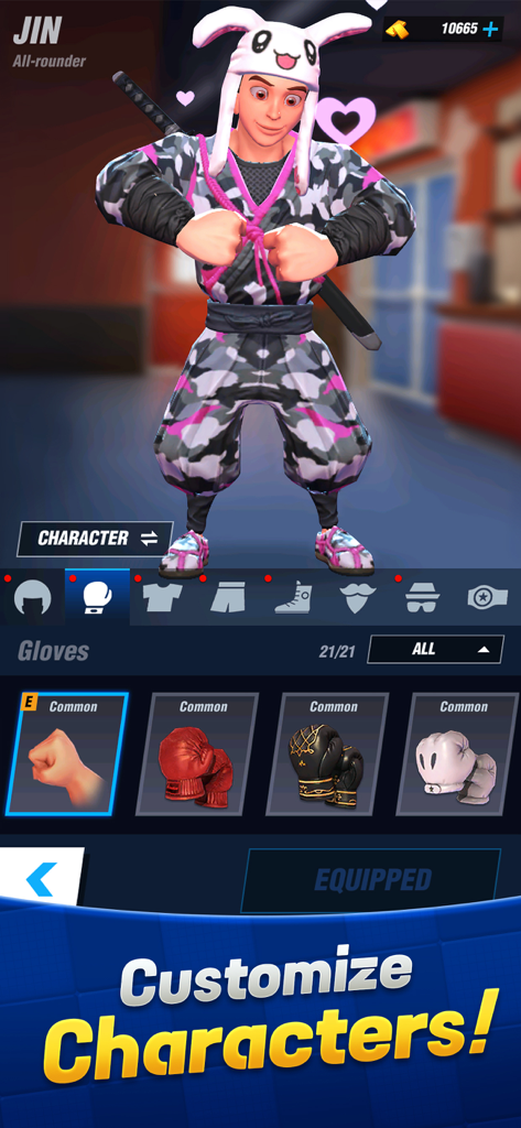 Schermata di personalizzazione del personaggio in Boxing Star PvP Match 3 che mostra un combattente in un abito da ninja e varie opzioni di guantoni da boxe