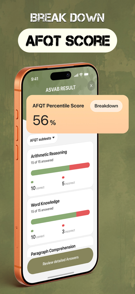 2026 ASVAB Practice Test Prep - AFQT score breakdown showing percentile and subtest results in the ASVAB practice app