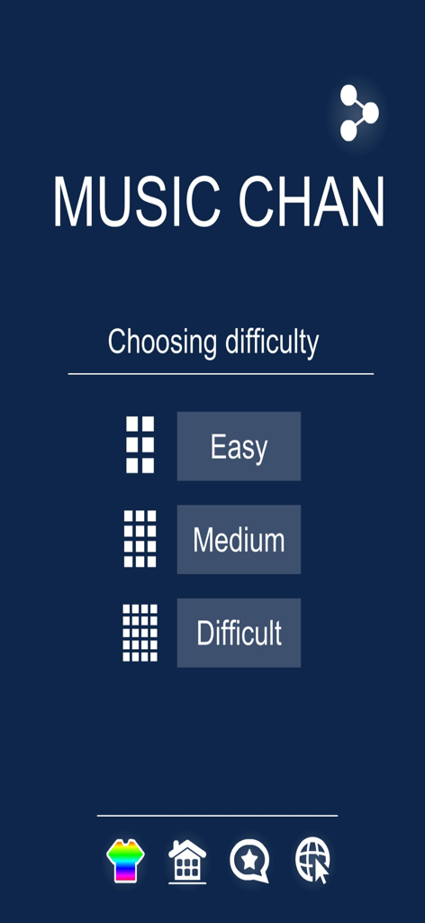 Music chan app main menu showing difficulty options for easy medium and difficult modes