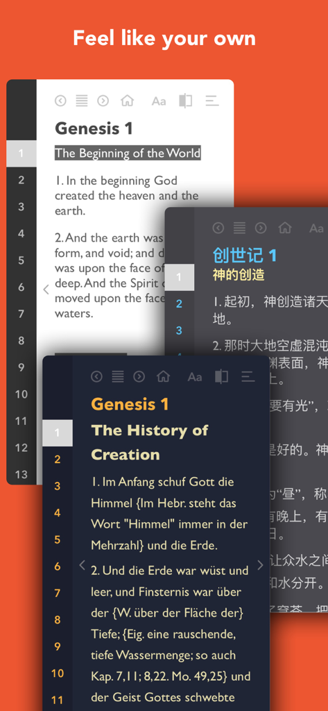 Three mobile screens showing different Bible themes and languages