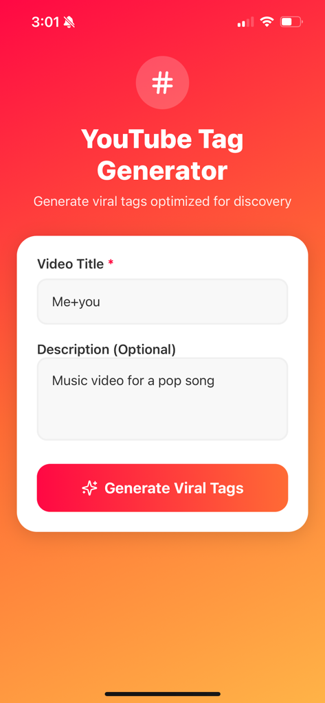 YT Tags: Hashtag Generator - Interface de um aplicativo gerador de tags do YouTube com campos de título e descrição de vídeo