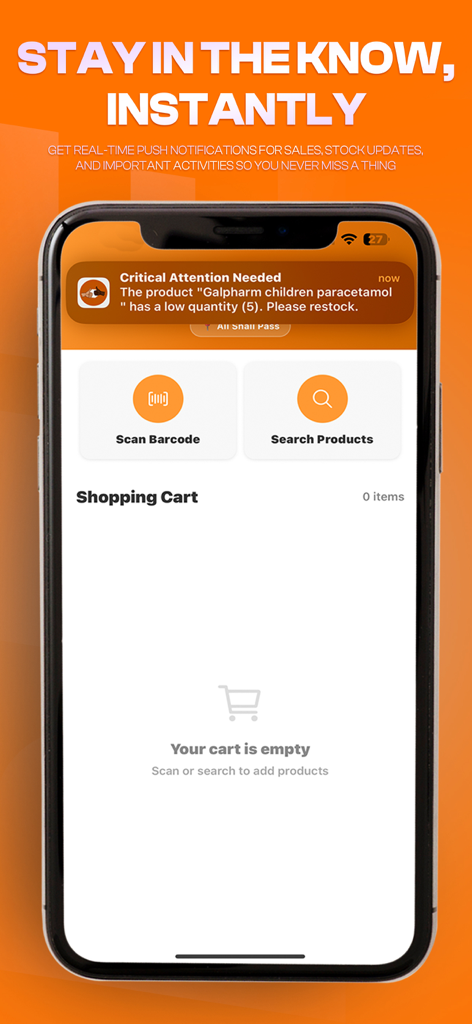 Aplicativo REE SERVICES mostrando uma notificação push de baixo estoque para gerenciamento de inventário em um iPhone.