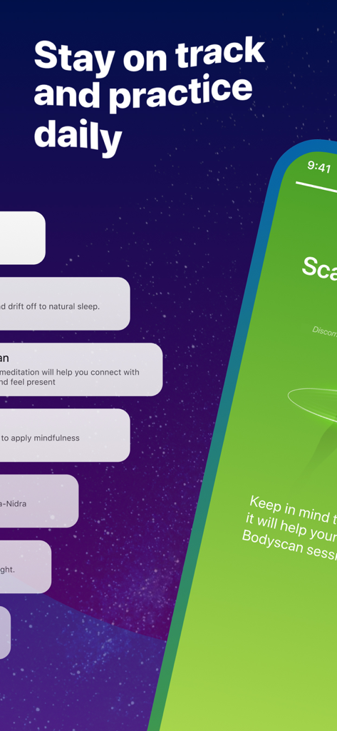 A mobile app interface with the headline Stay on track and practice daily showing meditation course cards and a bodyscan session
