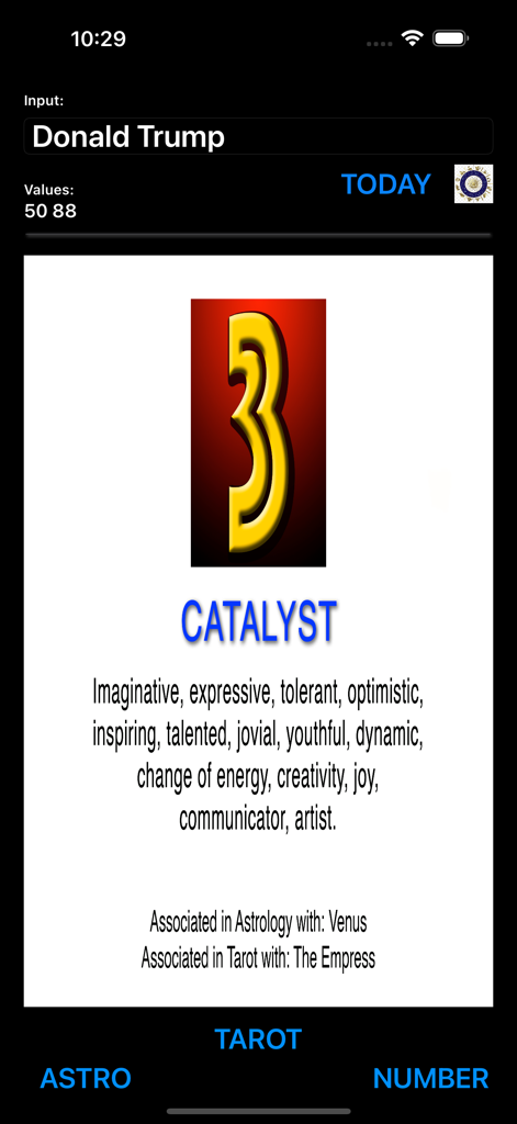 Numerology app interface showing the number three Catalyst analysis with personality traits and tarot associations.