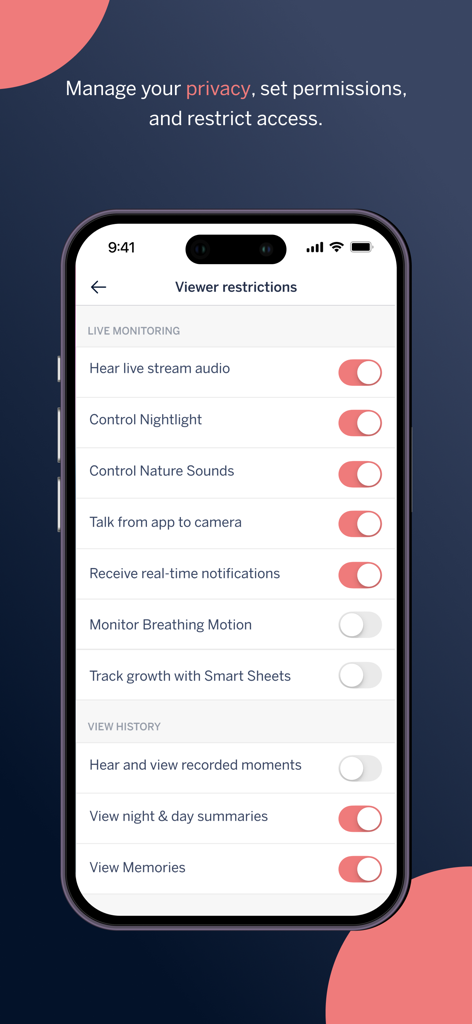 Nanit - Un écran de smartphone montrant la page des restrictions de visionnage de l'application Nanit où les utilisateurs peuvent gérer la confidentialité et les autorisations de surveillance.