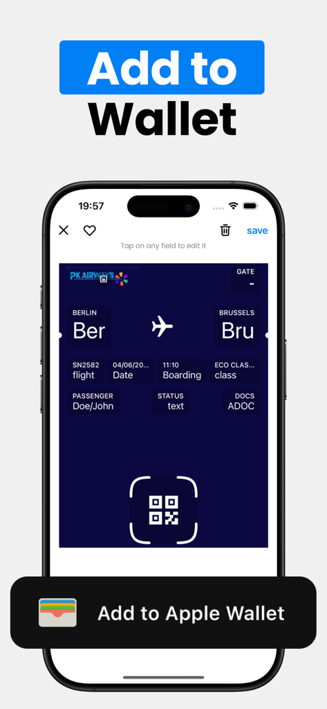 A digital boarding pass inside the Wallet Creator app with an Add to Apple Wallet button.