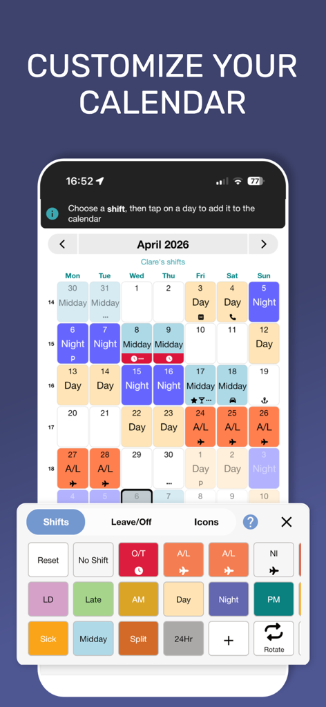 My Shift Planner - Calendar - Customizing a shift work calendar with color-coded shift types and icons in the My Shift Planner app