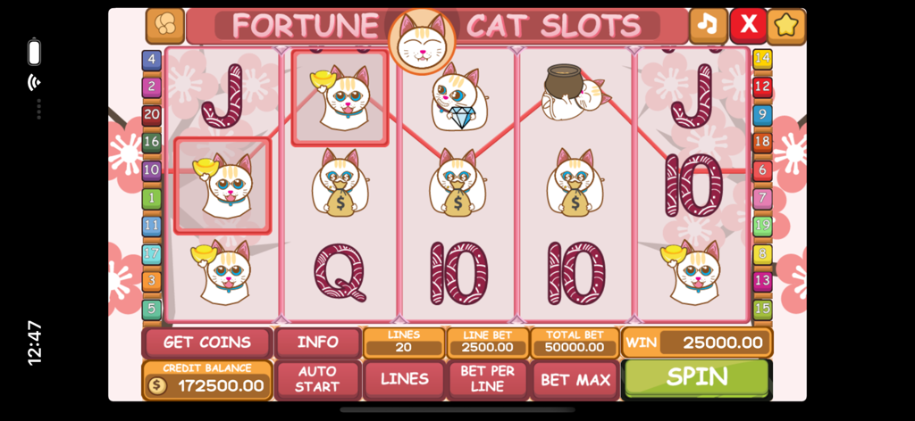 Fortune Cat MaoMao's Slots - Gameplay screen of Fortune Cat MaoMao's Slots featuring lucky cat symbols and cherry blossoms