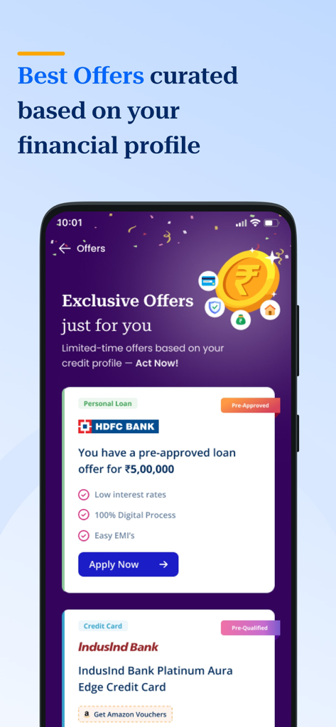 Paisabazaar.com- Loans & Cards - Pantalla de la aplicación Paisabazaar que muestra ofertas financieras seleccionadas, incluyendo préstamos personales preaprobados y tarjetas de crédito de bancos indios