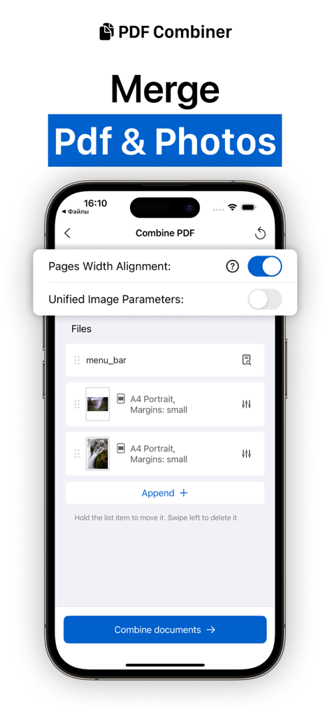 PDF Merger | Merge & Split It - Interfaz de una aplicación móvil para fusionar documentos PDF y fotos en un solo archivo con opciones de alineación