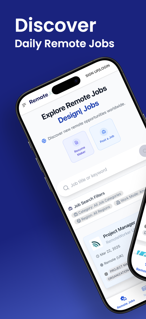 Remote Jobs Hub - Smartphone screen displaying the Remote Jobs Hub app with job search filters and remote job listings.