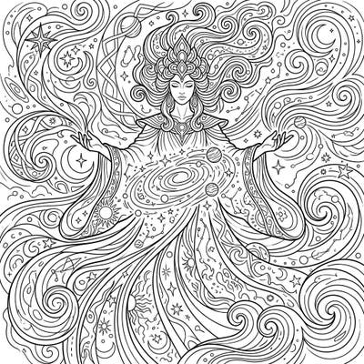 Embark on an epic artistic journey with this captivating coloring page featuring a magnificent Primeval Creation Deity. Immerse yourself in a universe of swirling cosmic energies, nascent stars, and mythical patterns, ready for your creative touch.