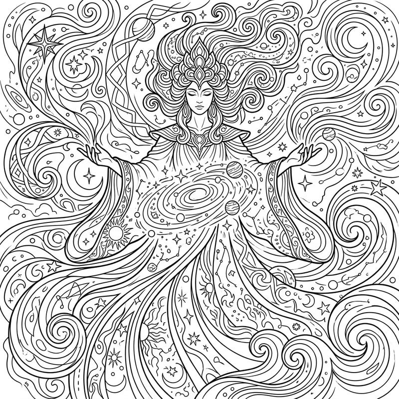 Embark on an epic artistic journey with this captivating coloring page featuring a magnificent Primeval Creation Deity. Immerse yourself in a universe of swirling cosmic energies, nascent stars, and mythical patterns, ready for your creative touch.