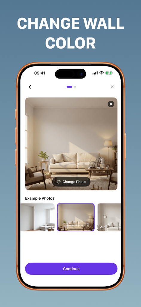 Home AI: Interior Design - リビングルームのプレビューで壁の色変更機能を示すHome AIアプリの画面