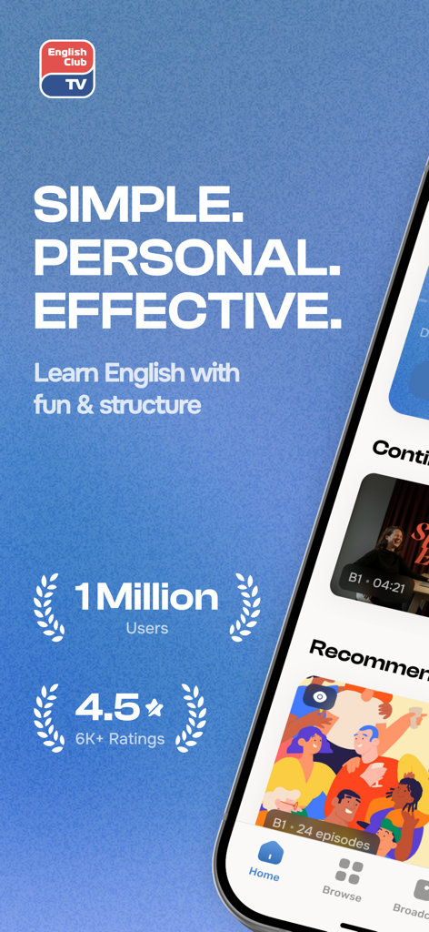 English Club - Daily Challenge - Pantalla de inicio de la aplicación English Club TV mostrando prueba social con más de 1 millón de usuarios y una calificación de 4.5 estrellas.