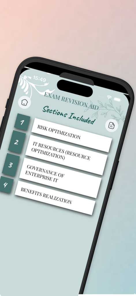 CGEIT Certification Prep - CGEIT-Prüfungsvorbereitungs-App-Oberfläche, die die Kernlernbereiche einschließlich Risikobewertung und IT-Governance zeigt