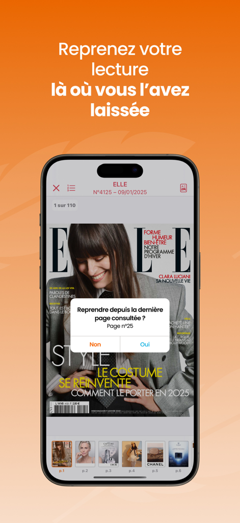 Smartphone affichant l'application Press Connect avec une invite pour reprendre la lecture d'un magazine depuis la dernière page visitée.