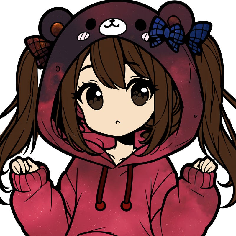 cute anime girl with ponytails and a cute bear hoodie