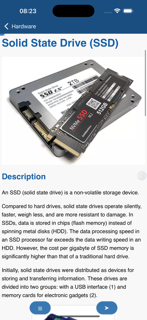 Artículo educativo de la aplicación Guía de PC que explica el hardware de las unidades de estado sólido con imágenes de SSD SATA y M.2