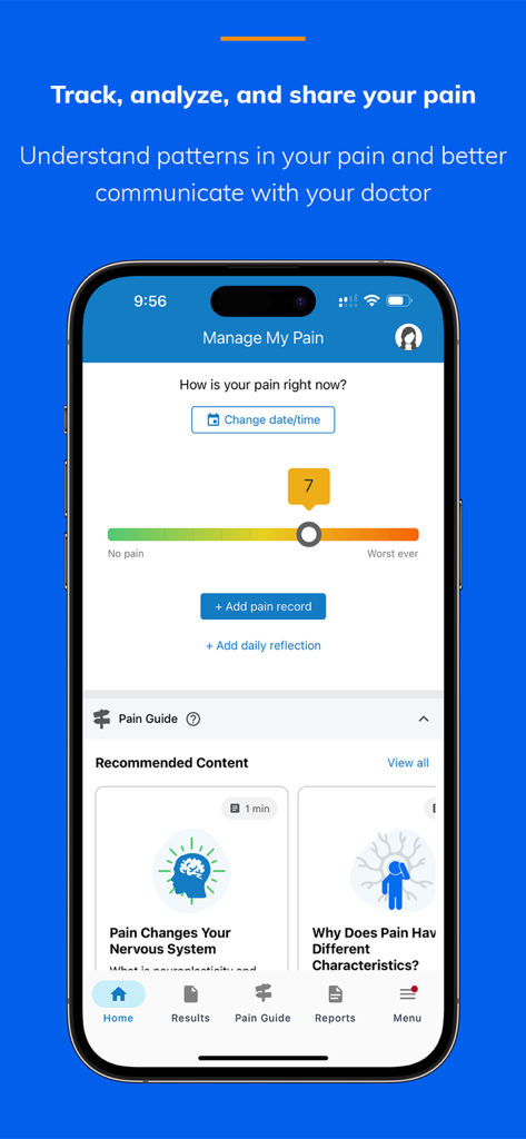 Manage My Pain - Smartphone mostrando la interfaz de la aplicación Manage My Pain con un control deslizante de escala de dolor y contenido educativo