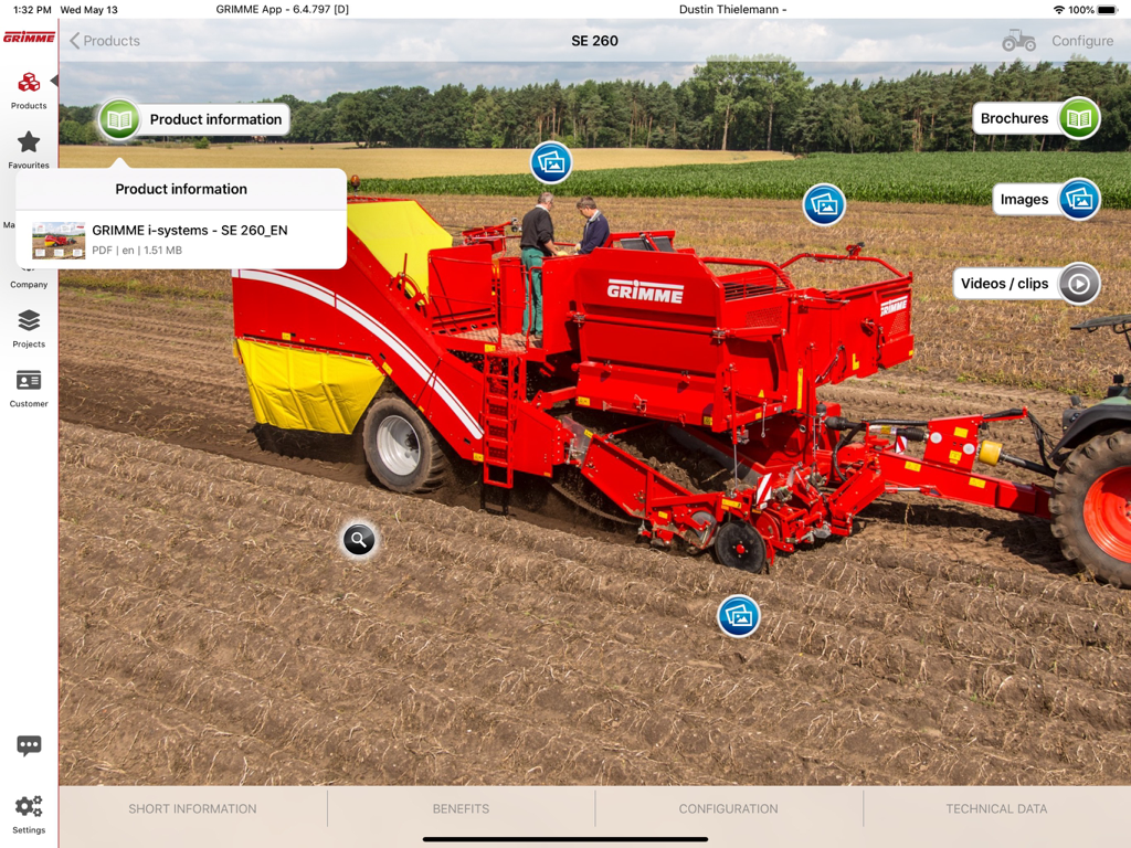GRIMME - The GRIMME app interface displaying interactive product information and media for the SE 260 harvester.