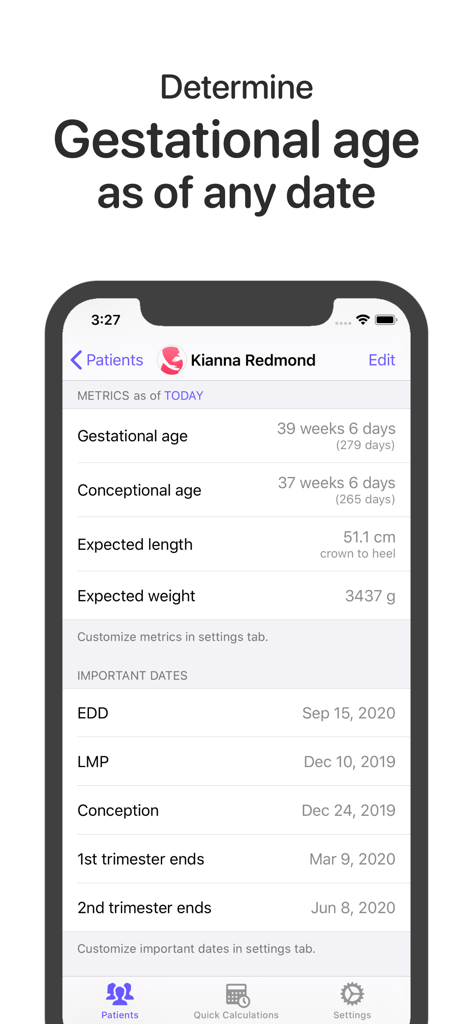 OB Tracker & Pregnancy Wheel - Smartphone screen showing patient gestational age, expected baby metrics, and pregnancy milestones in the OB Tracker app.