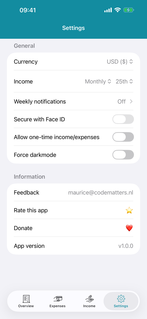 Settings screen of the Financial Overview app showing general preferences and security options.
