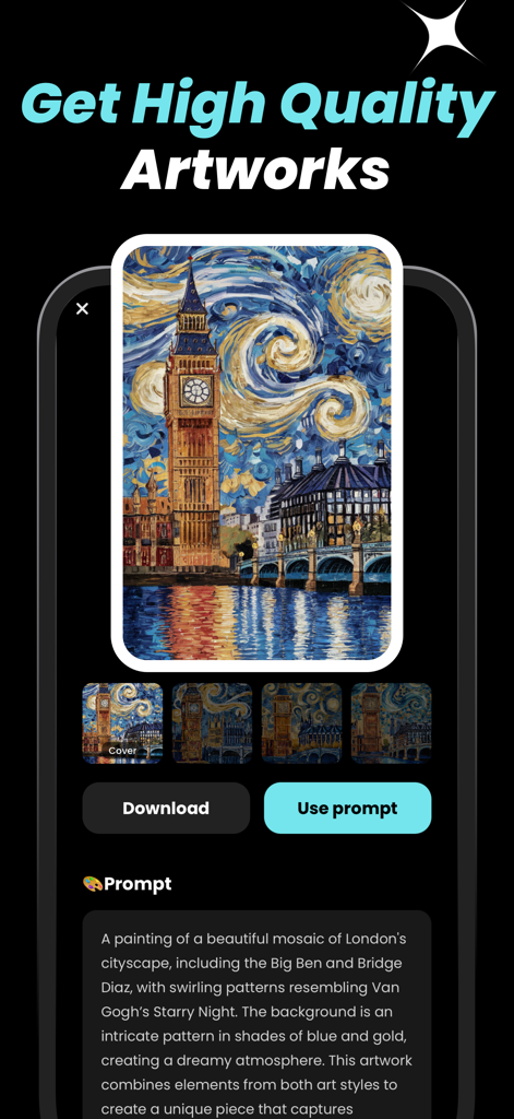 Ideagrow : AI Image Generator - Pantalla del generador Ideagrow AI mostrando una pintura al estilo Van Gogh de Londres y la indicación de generación.