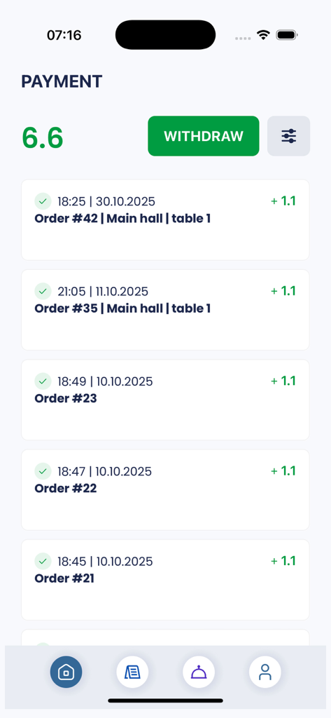 Quick Touch Waiter - The payment and earnings screen of the Quick Touch Waiter app showing a list of completed restaurant orders and a withdrawal button