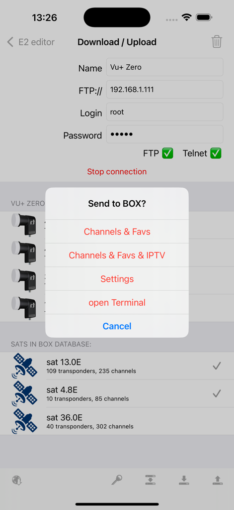 Interfaz de la aplicación Enigma2 Editor mostrando detalles de conexión del receptor satélite y un menú de envío al receptor para cargar listas de canales.