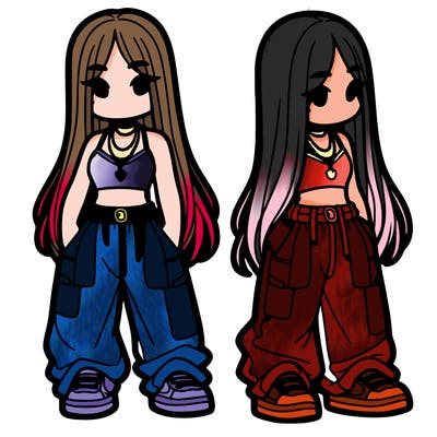 girl in baggy pants crop top and long hair