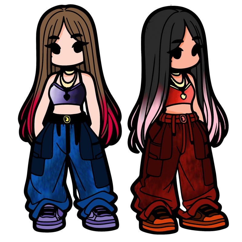 girl in baggy pants crop top and long hair