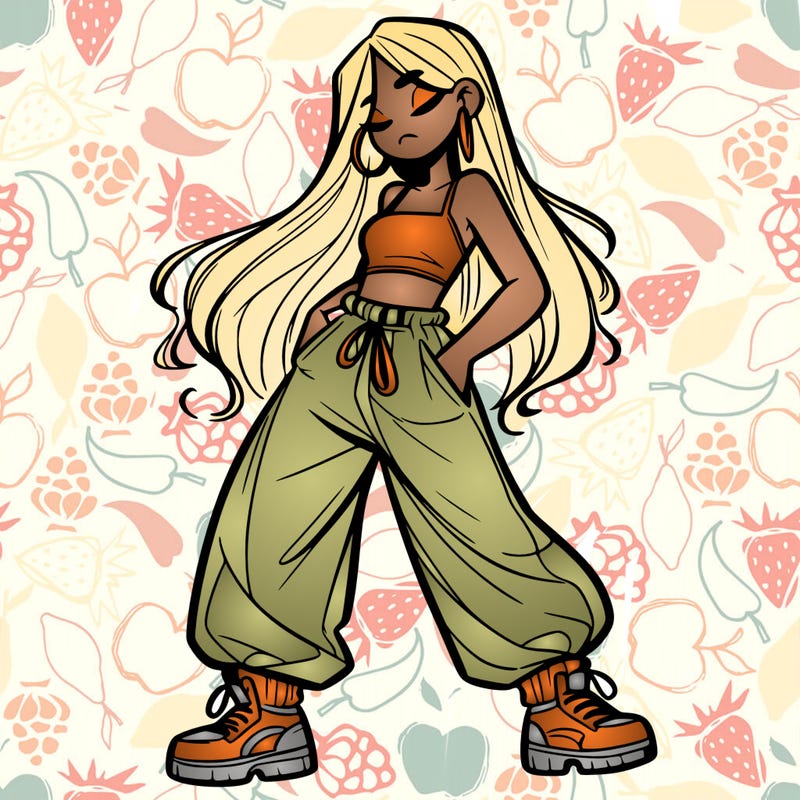 girl in baggy pants crop top and long hair