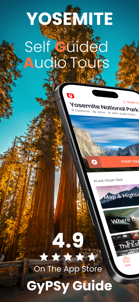 Yosemite GyPSy Guide Tour - Yosemite self-guided audio tour app showing a 4.9 star rating and giant sequoia trees