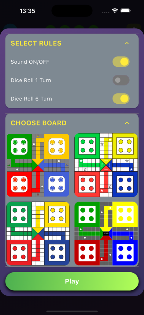 Ludo Offline Board Game - Pantalla de configuración de Ludo Juego de Mesa sin Conexión mostrando opciones para seleccionar reglas y elegir entre cuatro diseños diferentes de tablero de juego.