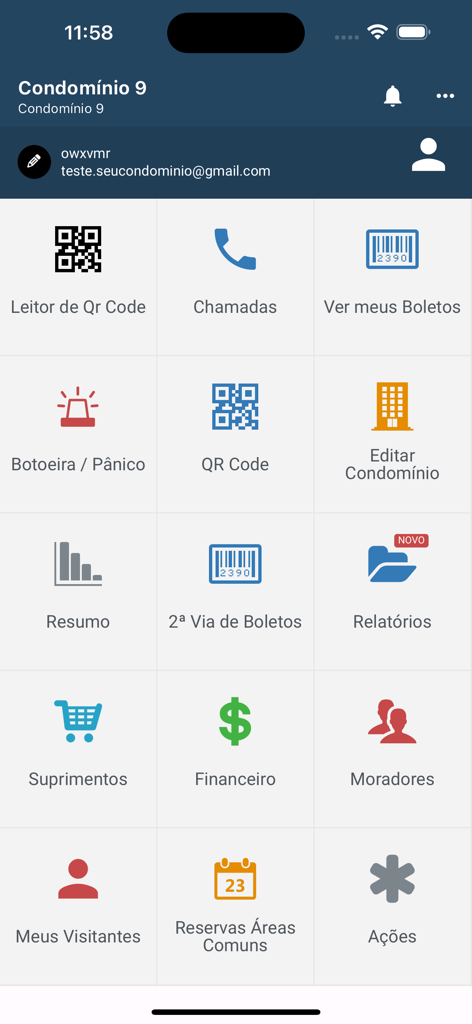 Seu Condomínio - Tela principal do painel do aplicativo Seu Condomínio mostrando vários ícones de gerenciamento, como contas, moradores e reservas de área.