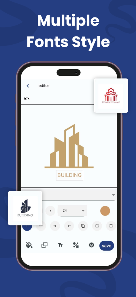 Ai Logo Maker & Design Creator - Pantalla de smartphone mostrando múltiples opciones de personalización de estilos de fuente en la interfaz de la aplicación Ai Logo Maker