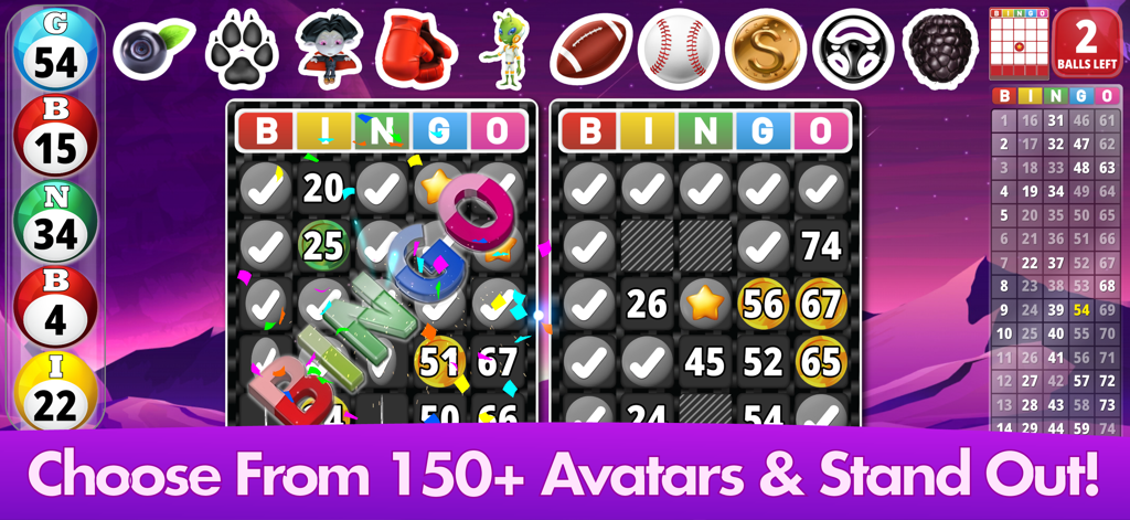 Pantalla de juego de Bingo Clásico con varios avatares y cartones de bingo personalizables