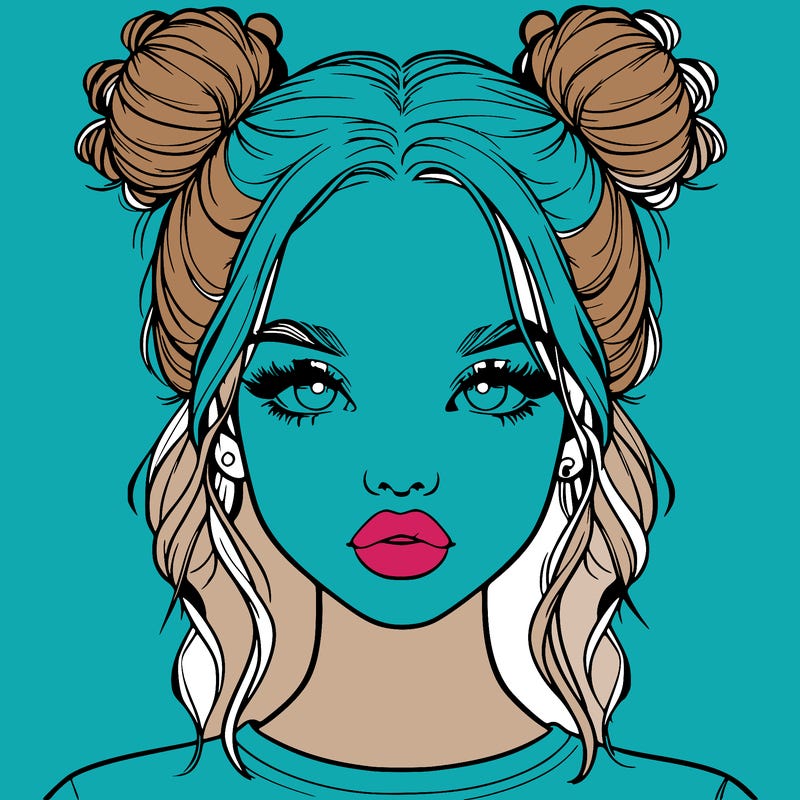 realistic girl with two buns in hair and lips