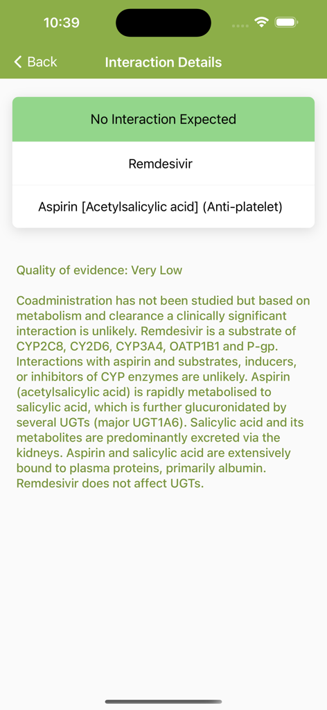 COVID-19 iChart - Screenshot of the COVID-19 iChart app showing interaction details for Remdesivir and Aspirin indicating no interaction expected