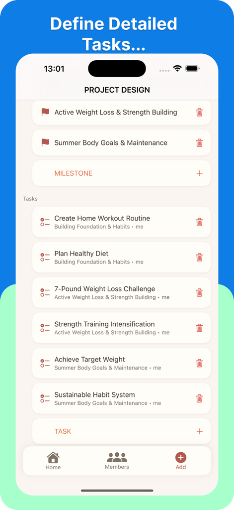 Project RoadMap - Oberfläche der Project RoadMap App, die eine detaillierte Aufgabenliste unter bestimmten Projektmeilensteinen wie Gesundheits- und Fitnesszielen anzeigt.