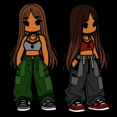 girl in baggy pants crop top and long hair