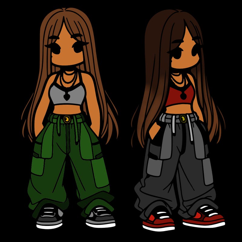 girl in baggy pants crop top and long hair