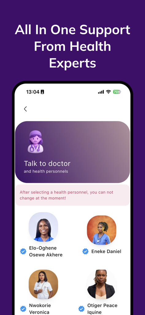 Her Pride - Interface of the Her Pride app showing a list of verified health experts and doctors available for consultation.