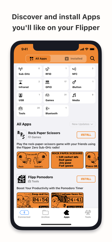 A display of available apps and categories within the Flipper Mobile App for Flipper Zero users