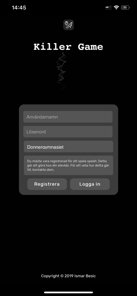 Écran de connexion et d'inscription de l'application mobile étudiante Killer Game