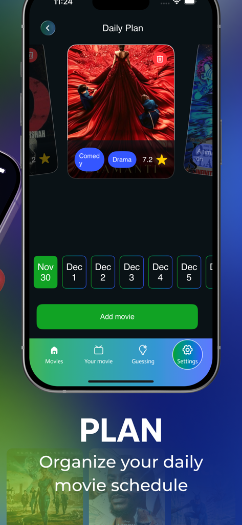 Onstream app Daily Plan screen showing movie schedule and calendar