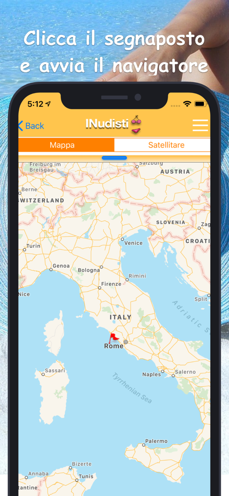 Una mappa dell'Italia nell'app INudisti che mostra le posizioni delle spiagge nudiste.