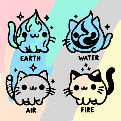 4 cats that represent the different elements, earth, water, air, and fire
