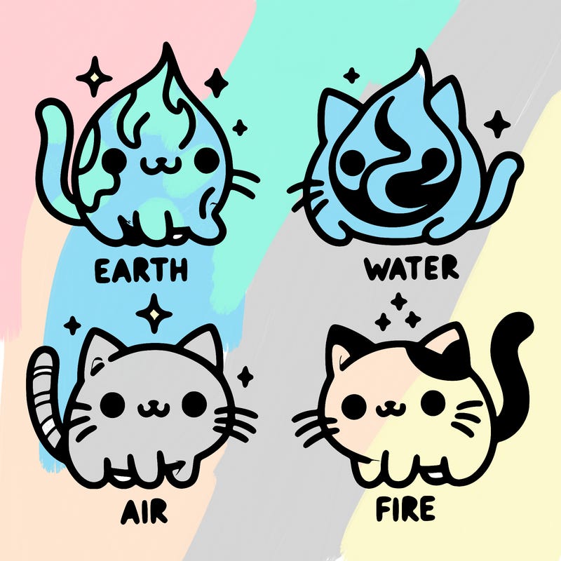 4 cats that represent the different elements, earth, water, air, and fire